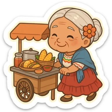 old Mexican lady pushing a food cart, warm and friendly, traditional dress, vibrant colors, street vendor, detailed, no text, chibi stickers cartoon style sticker