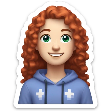 a white girl with long red curly hair and freckles, wearing periwinkle Minecraft hoodie playing a videogame smiling sticker