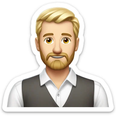 middle aged english man, short slicked back hair blonde, blonde medium length size full beard, eyesbrows not raised, in a smart white unbuttoned shirt. sticker
