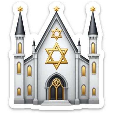 reform jewish synagogue similar in architecture to historical religious architecture in europe. the building should be white with silver/golden features, gothic architectural elements and star of david. no crosses. the emoji should be in ios emoji style. sticker