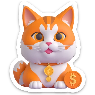 playful and bold cat inspired by the Bitcoin logo, orange and white colors, with a coin motif sticker