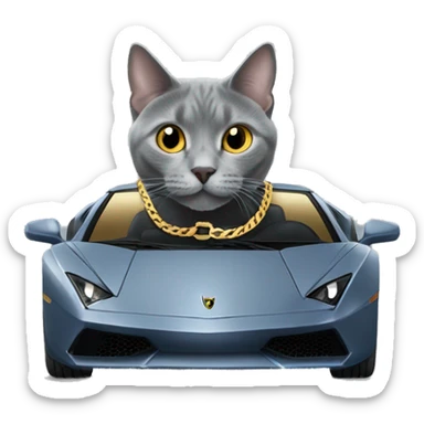 Russian Blue cat wearing a gold Cuban chain driving a Lamborghini sticker