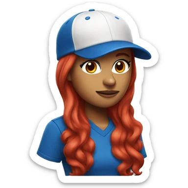 front facing standing up female coach with long red hair, wearing a white t-shirt and a simple baseball blue hat sticker