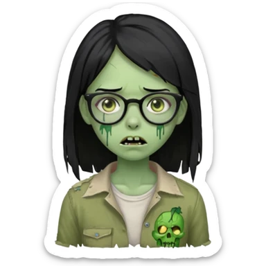 garota zumbi verde com o cabelo preto liso abaixo do ombro, que use óculos sticker