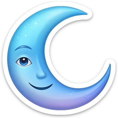 sparkly glossy pastel blue-gradient crescent moon with a subtle face sticker