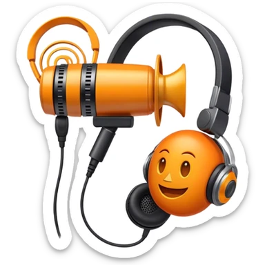 Create a dynamic and creative emoji that represents voiceover and dubbing. The design should feature a microphone, a pair of studio headphones, and sound waveforms to symbolize the recording and manipulation of voice. Add subtle details like a film reel or a speech bubble to represent the dubbing aspect. Use vibrant colors like orange, red, or purple to evoke energy and creativity in voiceover work. The background should be transparent. sticker
