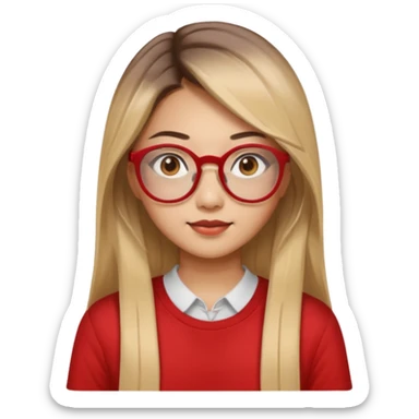 20 yr old asian woman, straight thick long brown hair, blond at ends of hair, center part to hair, big red glasses, brown eyes, casual shirt sticker