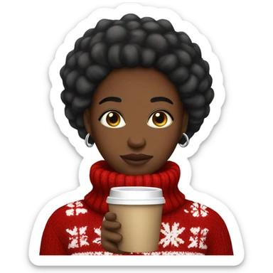 A black girl with straight hair wearing a puffer,underneath a Christmas jumper,holding coffee and  sticker