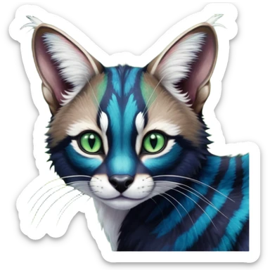 Colorful dark tropical cobalt-blue, black, white fur, with green eyes, iridescent glorious divine exotic cute cool beautiful shiny beautiful fantasy-caracal-civet-genet-sergal-vernid-Cacomistle-Furret-civet-oncilla-animal-Fakémon-hybrid-fursona with pattern markings (full body) sticker