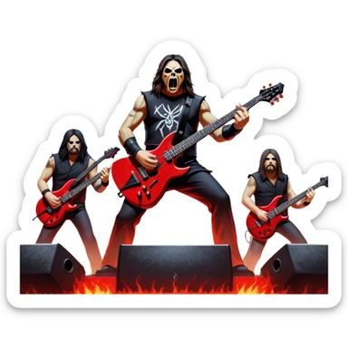 Icon for Heavy Metal: Slayer band on stage during a live concert, with guitars, drums, and intense lighting effects. The atmosphere is charged with energy, and the iconic Slayer logo is visible. Transparent background. sticker