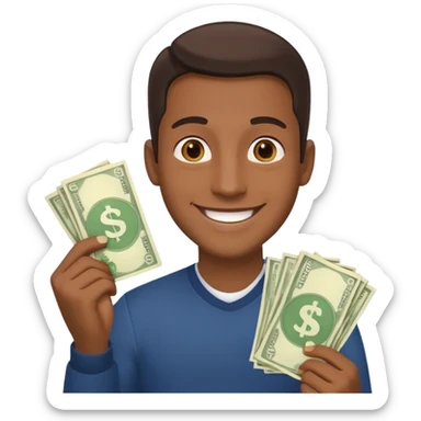 Create a photorealistic emoji of a happy man holding money. 4 different options sticker