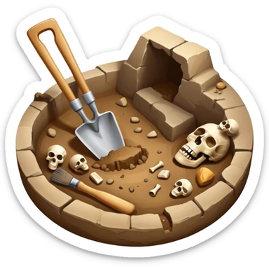 An icon featuring an excavation site with a trowel and ancient artifacts, like pottery and bones, scattered around. The design includes a partially uncovered fossil and a digging brush, symbolizing the discovery of history through archaeology. Transparent background  sticker