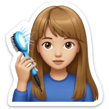 a girl with light skin and medium brown long hair with bangs who is brushing her hair sticker