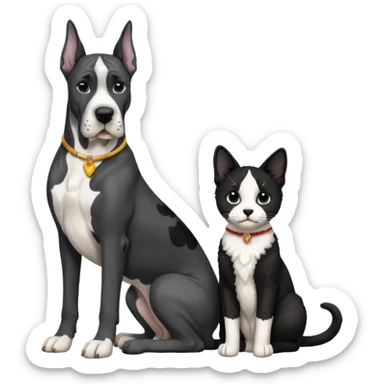 Adult Black and white great dane dog with cropped ears sitting with a small black and white cat sticker