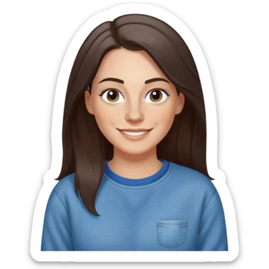 A 38 year old white woman with long dark brown hair parted in the middle. She has a nose ring. She has freckles and is wearing a sweatshirt and jeans smiling sticker