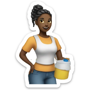 A thin black girl with braids in a ponytail standing cleaning supplies sticker