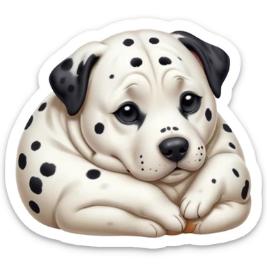 Cinematic Chubby Sleeping Dalmatian Portrait Emoji, Chubby and serene, with a round, plump build and a glossy white coat adorned with distinctive black spots, eyes gently closed in peaceful slumber, Simplified yet irresistibly endearing features, highly detailed, glowing with a gentle, dreamy glow, high shine, relaxed and content, stylized with a touch of whimsy, bright and heartwarming, soft glowing outline, capturing the essence of a blissfully sleepy companion, so comically serene it feels like it could roll out of the screen and snore with adorable charm! sticker