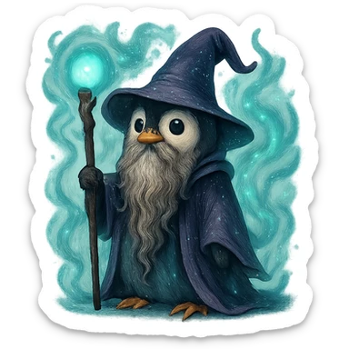 a penguin wizard with a long beard, mystical aura, enchanting style sticker