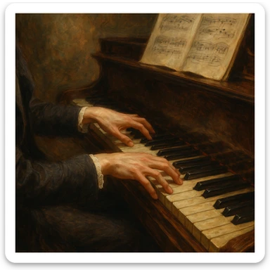 romantic period classical piano, close-up of keys and hands, passionate, flowing, historical, refined sticker