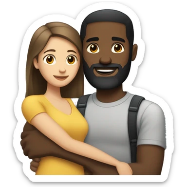 light skin woman with medium long straight brown hair hugging black man with very short dark hair and a long dark beard sticker