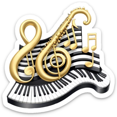 Create an elegant and festive emoji collage representing keyboard instruments, styled like a heraldic emblem. The design should feature a central focal point of black and white piano keys, arranged in a semi-circular or shield-like shape. Around the piano keys, add intertwining musical notes that form flowing ribbons, creating a dynamic and celebratory atmosphere. The design should be professional, with polished silver and gold accents on the keys and notes, highlighting the luxury and sophistication of the instruments. Add subtle shading and lighting effects to give the design a refined, 3D appearance. The background should remain transparent, and the overall feel should evoke grandeur, artistry, and a sense of celebration. sticker