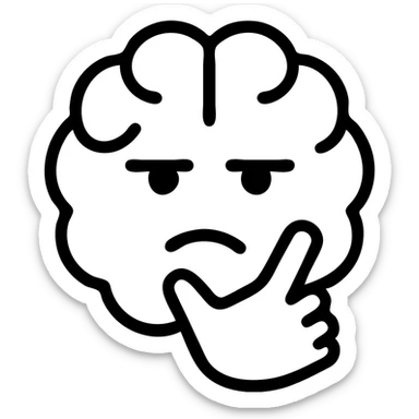 brain thinking, black outlined icon style, pensive expression, no background sticker