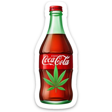 Classic Coca-Cola shaped glass bottle with curved contours, red color, with a cannabis leaf sticker