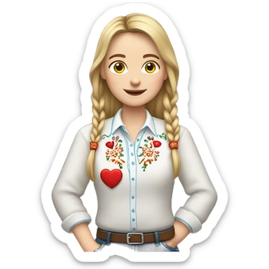 A Ukrainian teacher in an embroidered shirt holds a heart in her hands sticker