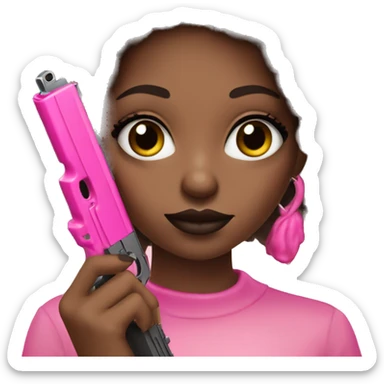 Afro hair brown girl hand pink nails holding pink gun black eyes sticker