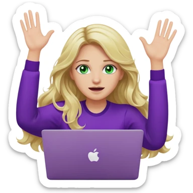 lady with long wavy blonde hair, purple top, green eyes, throwing her with a purple mac laptop hands in the air crying sticker