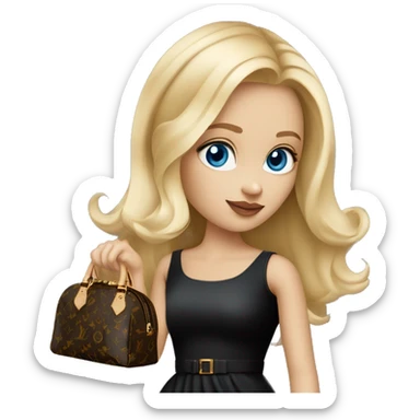 Blonde girl bright blue eyes holding Louis Vuitton monogram purse in short black dress sticker