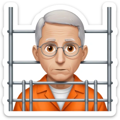 Make a picture of Anthony Fauci wearing an orange jumpsuit and behind bars make her look worried but only about herself sticker