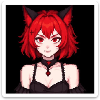 Change hair color to red, keep all other gothic neko girl features the same, in pixel art style. Maintain pixel art aesthetic and details. sticker