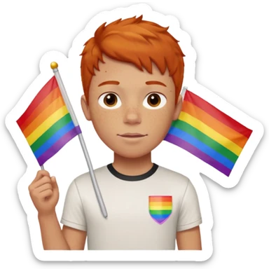A gay, ginger, young, freckled, boy with a shirt with the name JUDE on it in red marker, holding a pride flag sticker