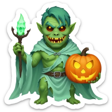 male orc ghost emoji, green skin, tusks, wearing torn white ghost sheet costume, holding glowing jack-o'-lantern, faint blue aura, friendly but spooky expression, Halloween fantasy theme, Apple emoji style, clean white background, square sticker