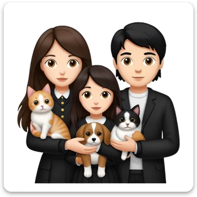 A girl with long brown hair holding the hand of a boy with black hair, both dressed in black, holding a cat and dog sticker