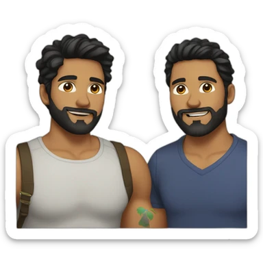 Gay male couple Latino Black hair and beard male and a male Australian blonde hair , with a cat in the middle sticker