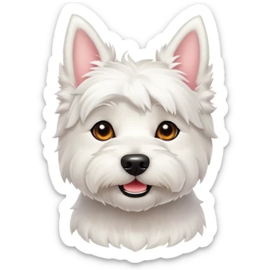 Cinematic Cute West Highland White Terrier Portrait Emoji, Head tilted playfully and inquisitively, featuring a fluffy, immaculate white coat with perky ears, round, sparkling dark eyes filled with curiosity, Simplified yet irresistibly adorable features, highly detailed, glowing with a warm, friendly glow, high shine, affectionate and lively, stylized with a touch of whimsy, bright and endearing, soft glowing outline, capturing the essence of a mischievous yet loving pup, so playful it feels like it could bound out of the screen and into your arms! sticker