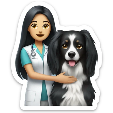 Veterinary woman with long black hair and a white streak on the front doing physical therapy on a dog sticker