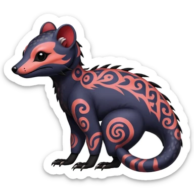 Rare warm-colored exotic gloomy tropical edgy cute epic aesthetic spooky  gothic colorful Salandit-Noibat-Civet-species-Fakemon-hybrid-creature, with tribal tattoo markings, full body sticker