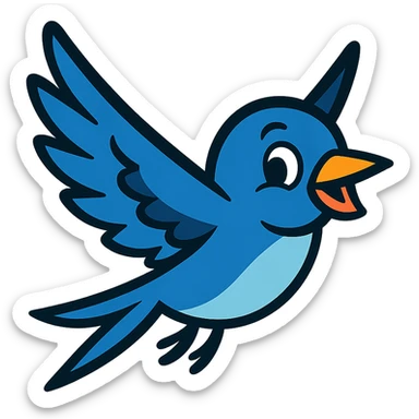 cartoonish swift bird with blue feathers, cheerful expression, white background sticker