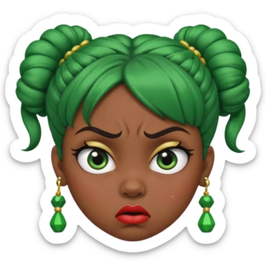 Create a 3D cartoon-style girl character with dark skin, round face, angry expression, big wide eyes, and tightly styled double buns made of green beaded hair. The girl should look irritated, eyebrows sharply angled, and lips pressed in a frown. sticker