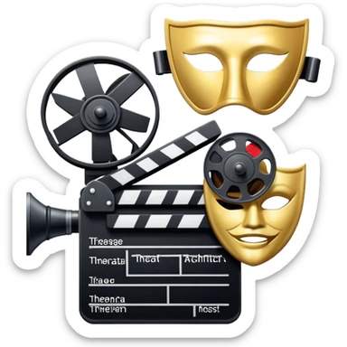Icon for Acting in Theater and Film: a stage with a spotlight, a film camera, a clapperboard and a dramatic mask. The design should represent both theatrical performance and cinematic art. Transparent background. sticker