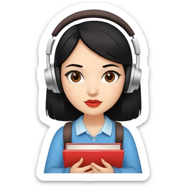 black haired girlie witha wheatish to fair skin tone and dark brown eyes plump lips carrying a stack of books with coffee and headphones on sticker