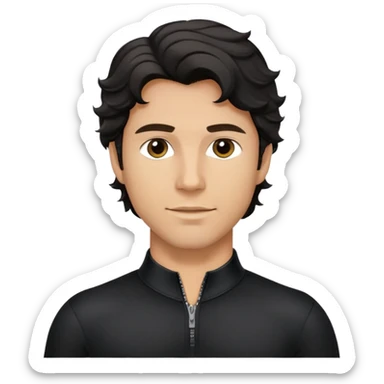 Caucasian man with black wavy hair wearing a long sleeve black spandex shirt with collar and zip to the chest sticker