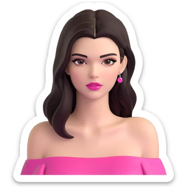 Kendall Jenner supermodel, longer face, long dark hair, bright pink glossy lipgloss, rosy pink blush, bare shoulders sticker