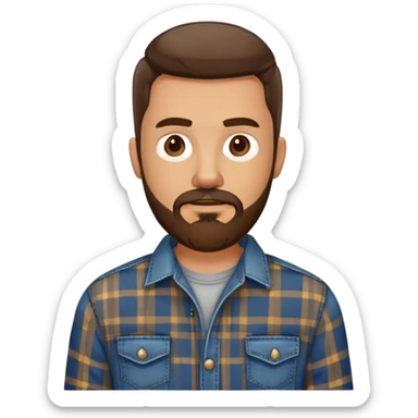 white man with dark brown beard and goatee  standing, wearing jeans and a plaid shirt sticker