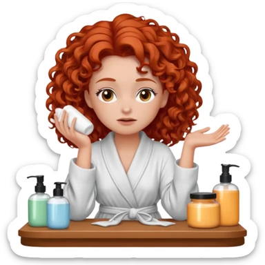 Cartoon emoji of a girl with voluminous curly red hair, fair skin, warm brown eyes. Wearing a chic milky silk robe with long sleeves, no makeup. Sitting at a vanity full of skincare products, holding her head with both hands, unsure which to choose. Smooth, simple, stylized." sticker