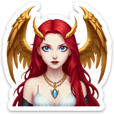 half body portrait of an extremely diabolical girl with massive towering wings, very long flowing blood red hair, glowing blue eyes, black hellfire aura, no horns, evil grin, gold necklace sticker