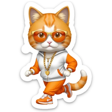 female cat wearing Run DMC hip-hop outfit, gold chains, dark sunglasses, jogging sticker